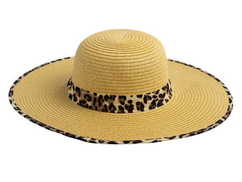 CC Women's Straw Brim Sun Hat With Leopard Pattern, Lt Brown