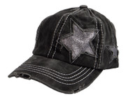 C.C Distressed Ponycap Cap Messy High Bun Glitter Star Design Hat