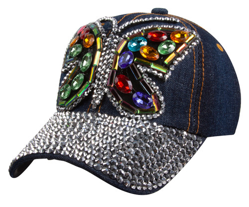 Top Headwear Butterfly Gem Distressed Denim Baseball Cap