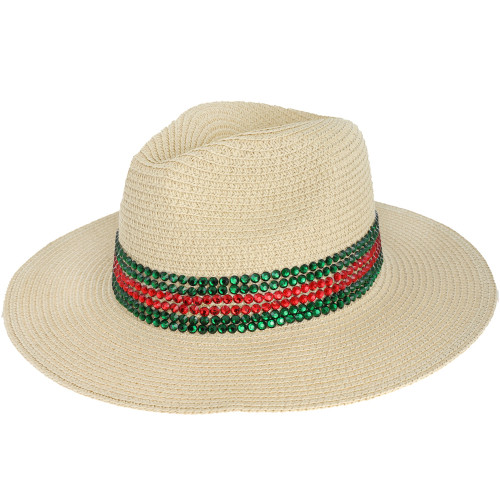 Top Headwear Wide Brim Paper Panama Hat w/ Red and Green Rhinestone Stripe