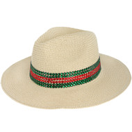Top Headwear Wide Brim Paper Panama Hat w/ Red and Green Rhinestone Stripe