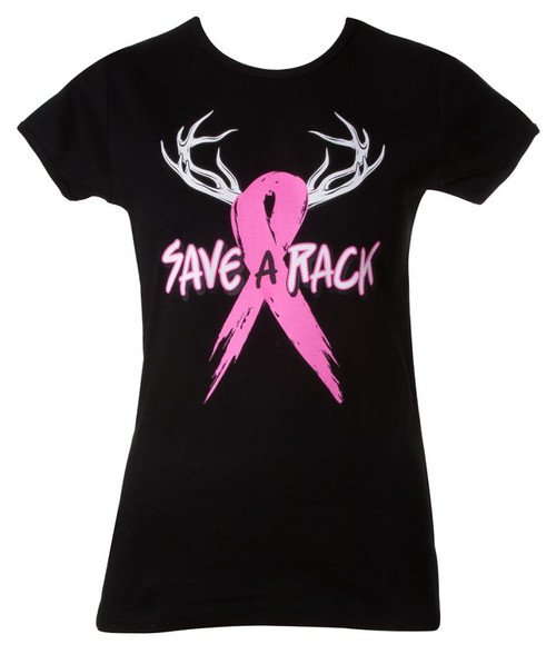 Womens Breast Cancer Awareness "Save a Rack" Black T-Shirt