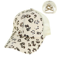 Top Headwear Leopard Cheetah Print Mesh Back Criss Cross Ponytail Baseball Cap