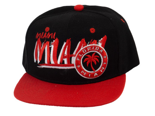 Embroidered Miami Florida Flatbill Adjustable Snapback Hat, Black/Red