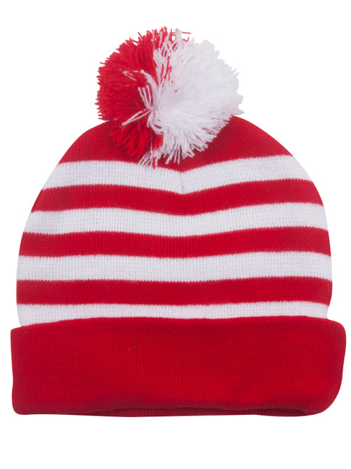 Top Headwear Striped Long Beanie w/ Pom Red White Hat