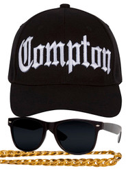 Compton 80s Rapper Costume Kit - Curved Bill Hat + Sunglases + Chain Necklace