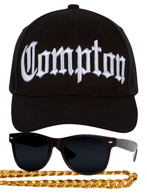 Men's Compton 80s Rapper Costume Kit - Curved Bill Hat + Sunglases + Chain Necklace Set