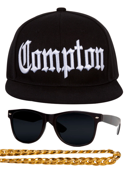 Compton 80s Rapper Costume Kit - Flat Bill Hat + Sunglases + Chain Necklace