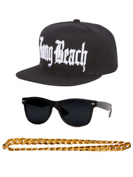 Long Beach 80s Rapper Costume Kit Flat Bill Adjustable Cap w/ Sunglasses and Gold Chain