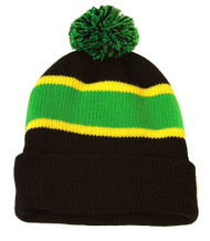 Winter Striped Beanie with Pom - Green/Black/yell