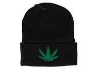 Mens's Marijuana Weed Green Leaf Embroidered Beanie, Black