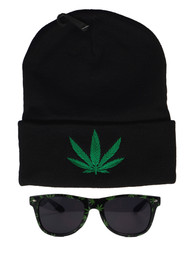 Mens's Marijuana Weed Green Leaf Embroidered Beanie & Sunglasses