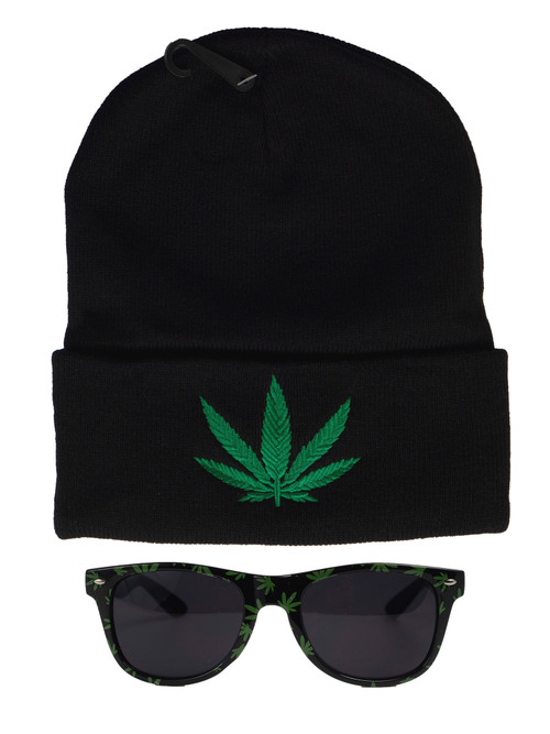 Mens's Marijuana Weed Green Leaf Embroidered Beanie & Sunglasses