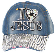 Top Headwear I Love Jesus Hat - Womens Rhinestone Crystal Pattern Baseball Hat