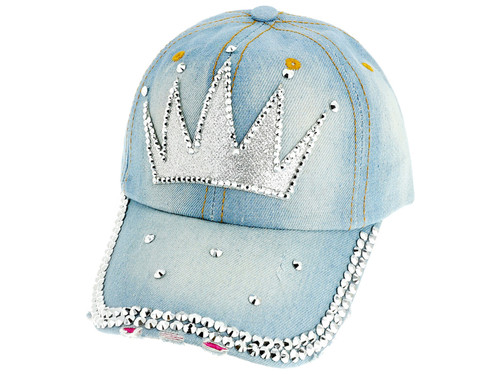 Top Headwear Rhinestone Crown Distressed Denim Fashion Baseball Cap