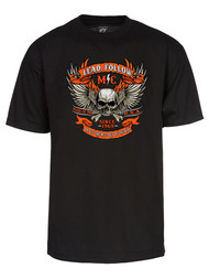 Mens Lead Follow MC Biker Tshirt Motorcyle Chopper Skull Wing Shirt Black