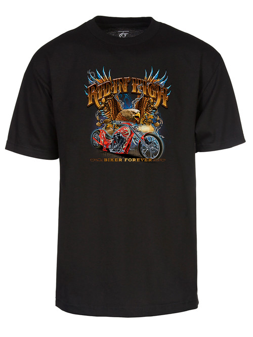 Mens Riding High Biker Tshirt - Eagle Motorcyle Chopper Shirt Black