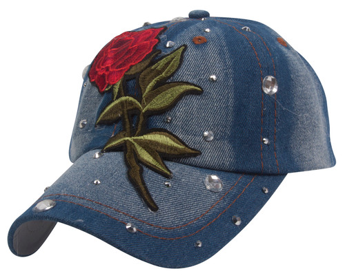 Top Headwear Single Red Rose Denim Baseball Cap