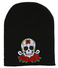 Candy Skull and Roses Black Cuffless Beanie