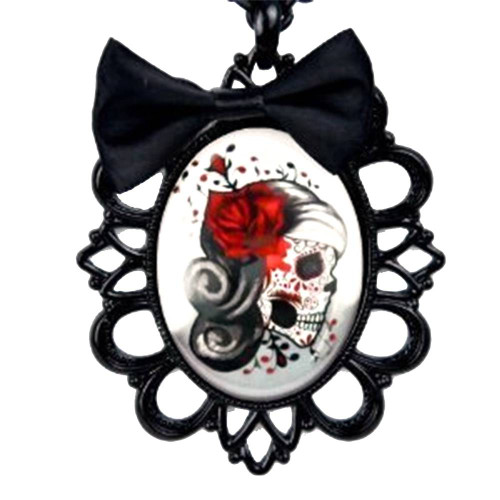 Day of the Dead Skeleton Girl Necklace Black Bow Red Rose Halloween Cosplay