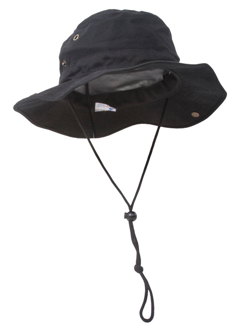 MG Men's Brushed Cotton Twill Aussie Side Snap Chin Cord Hat - Black