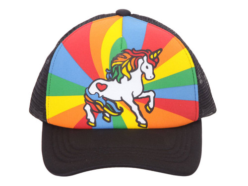 Unicorn Mesh Trucker Hat, Adult - Black w/ Rainbow