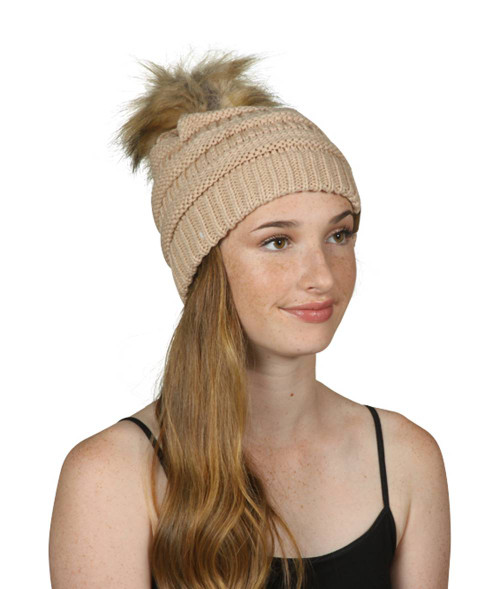 Gravity Threads Cable Knit Faux Fur Pom Pom Beanie Hat