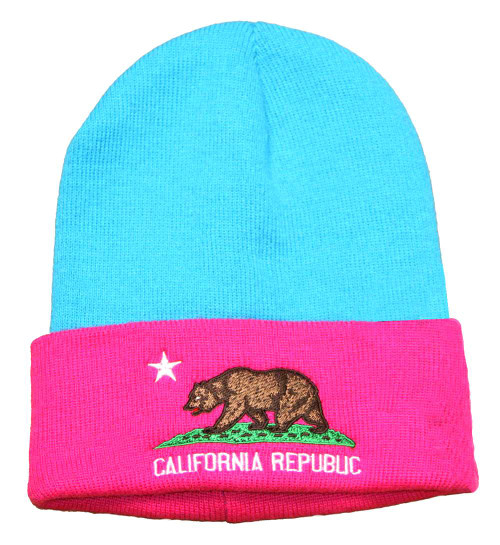 Cali Bear Republic Two Tone Cuffed Beanie - Pink and Teal