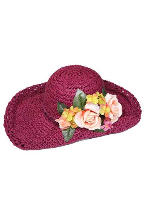 Womens Straw Paper Wide Brim Sun Hat w/ Flower