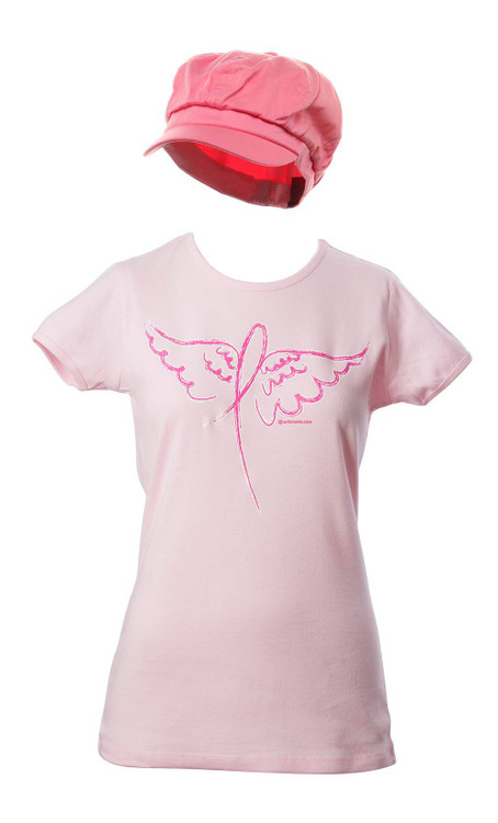 Breast Cancer Awareness Kit - Winged Ribbon T-Shirt + Newsboy Cap