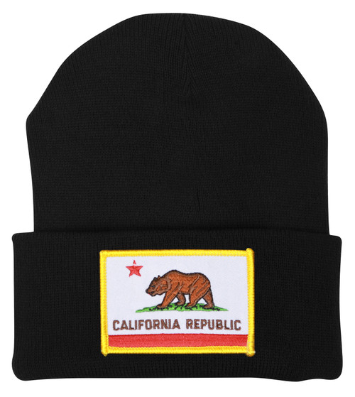 Golden California Bear Flag Long Cuffed Beanie - Black