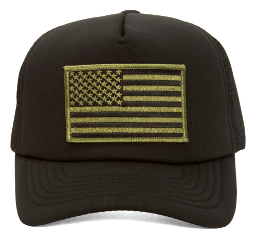 Military Patch Adjustable Trucker Hats - Olive American Flag