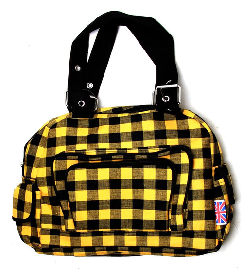 Clover Tote Pockets Style Hand Bag Checkered Yellow Black With Britain Flag Tag