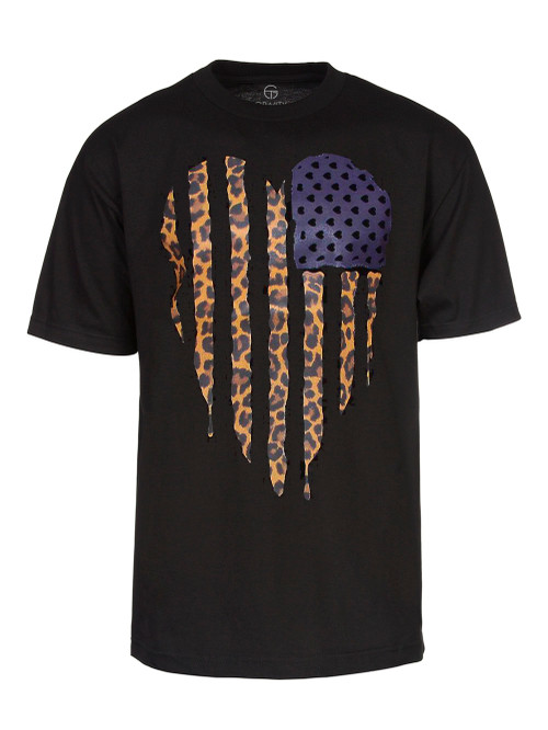 Mens Black Short-Sleeve Leopard Flag Heart T-Shirt