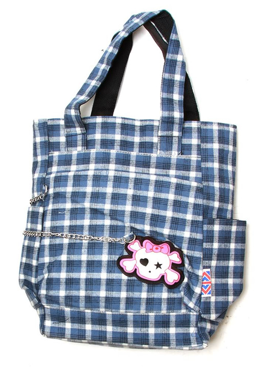 Clover Tote Chain Style Hand Bag - Blue and White Plaid with Cute Skull