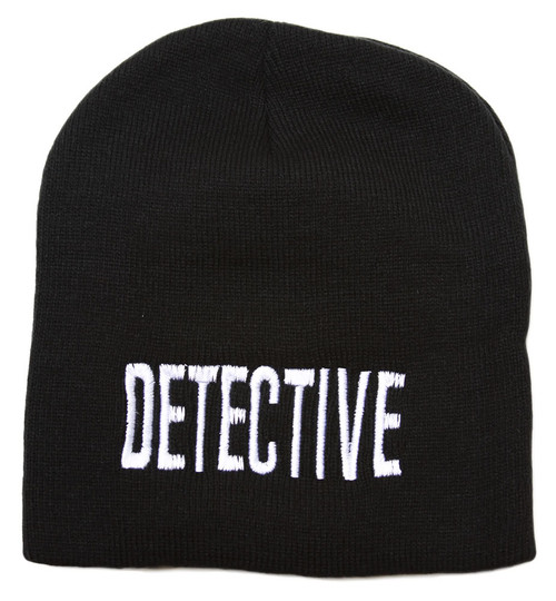 Cuffless Embroidered Detective Text Style Beanie - Black