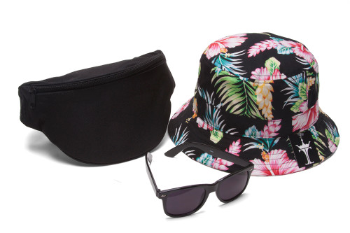 Men's Festival Accessory Kit w/ Floral Bucket, Fanny Pack and Horn-Rimmed