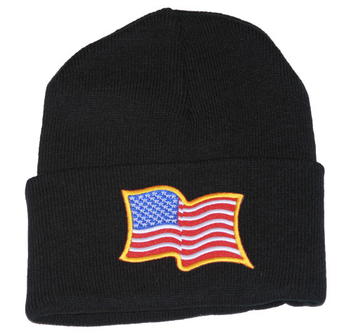 Delux 3D Patch Embroidery Black Cuff Beanie United States Patriotic Flag