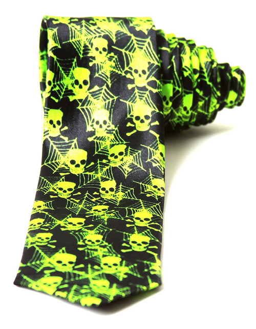 Trendy Skinny Tie - Black Lime Skulls and Spider Webs