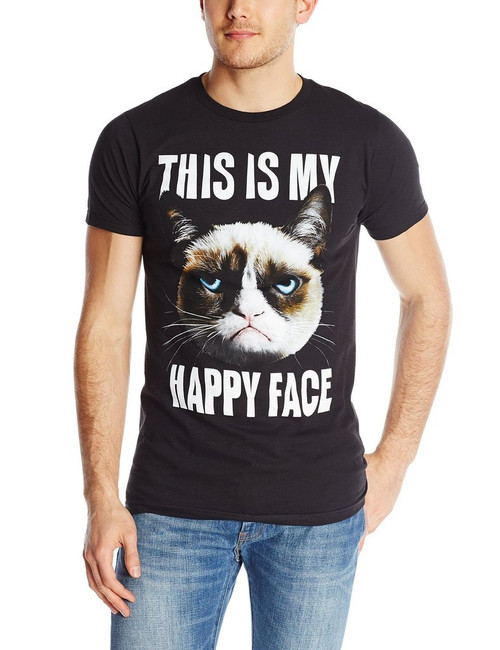 T-Line Men's Grumpy Cat Happy Face T-Shirt