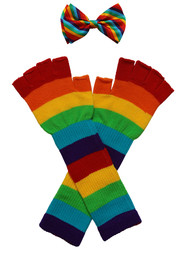 Rainbow Costume Bow Tie And Long Gloves