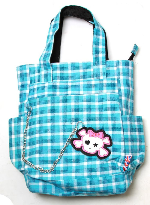 Clover Tote Chain Style Hand Bag - Sky Blue and White Plaid with Cute Skull