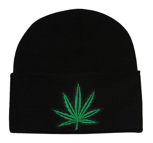 Black Cuff Marijuana Leaf Knitted Beanie