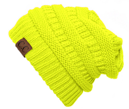 Trendy Warm CC Chunky Soft Stretch Cable Knit Soft Beanie, Neon Yellow