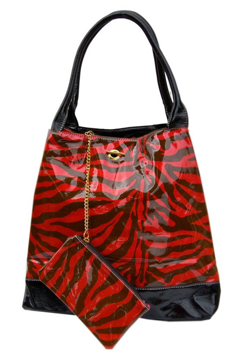 Large Glitter Zebra Print Handbag Purse Tote W/Bonus Coin Purse - Red C873