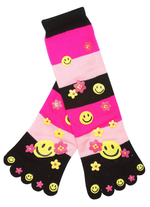 Striped Smile And Flowers Long Toe Sock, Fuchsia