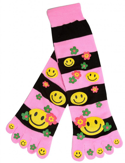 Smile Floral Striped Long Toe Sock,  Pink Black