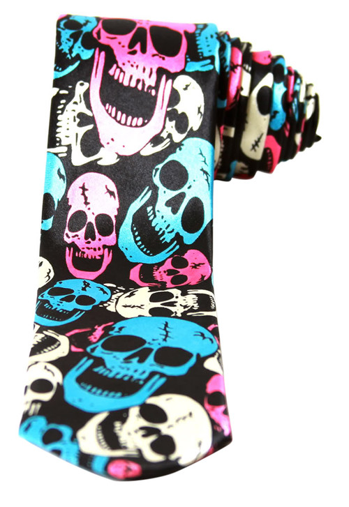 Neon White Blue Pink Skulls Black Neck Tie