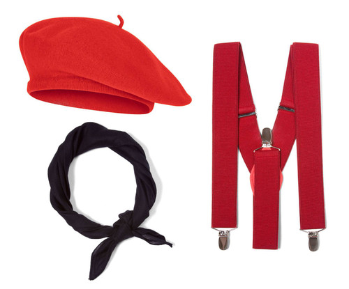 French Costume Kit, Red Beret, Red Suspenders, Black Bandana