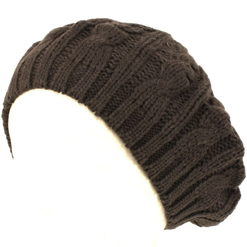 Cable Knit Winter Ski Beret Knit Tam Skull Hat Charcoal Grey